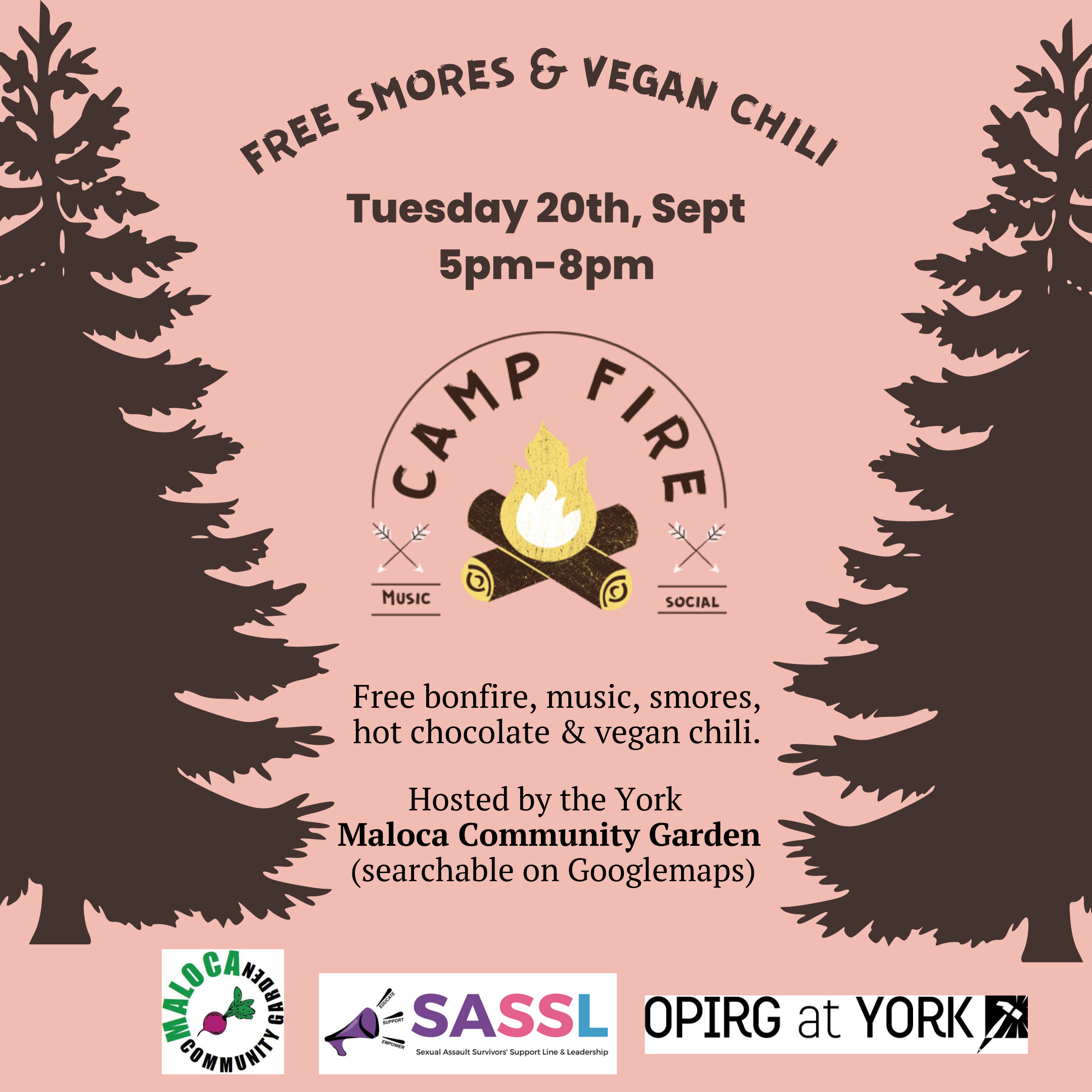 the silhouette of pine trees border either side of the poster; there is amber orange background recalling fall leaves. A chunky black text curved over the top says: free smores & vegan chili. Below that it says: Tuesday 20th, Sept 5pm-8pm. There is a graphic of a small bonfire with crossed arrows on either side and the small words “music” and “social.”