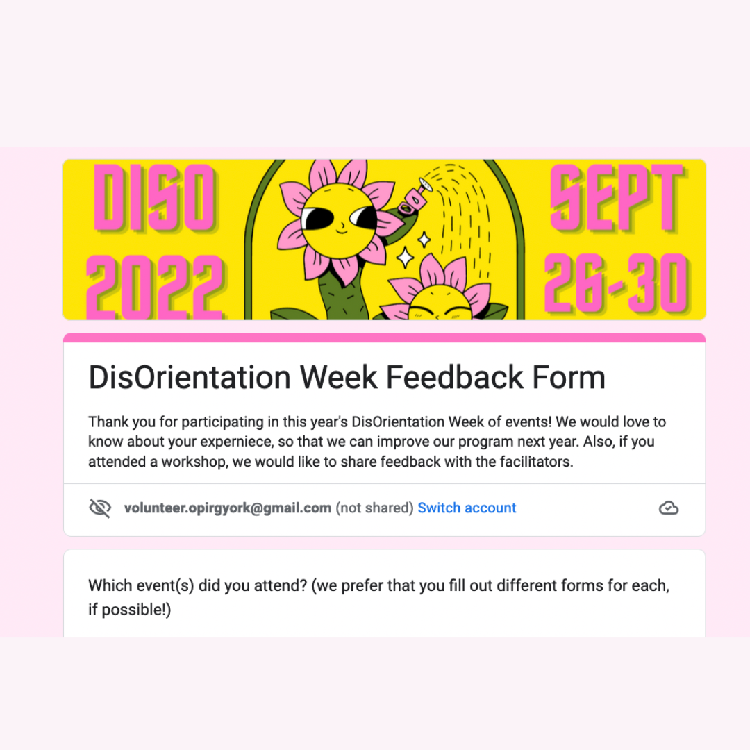 image of the DisOrientation Week feedback form with a pink background