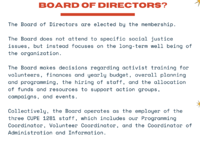 There are yellow stars, a yellow stripe on the bottom. White background with red headings and black text. The text reads: ** What is the Board of Directors? ** The Board of Directors are elected by the membership. The Board does not attend to specific social justice issues, but instead focuses on the long-term well being of the organization. The Board makes decisions regarding activist training for volunteers, finances and yearly budget, overall planning and programming, the hiring of staff, and the allocation of funds and resources to support action groups, campaigns, and events. Collectively, the Board operates as the employer of the three CUPE 1281 staff, which includes our Programming Coordinator, Volunteer Coordinator, and the Coordinator of Administration and Information.