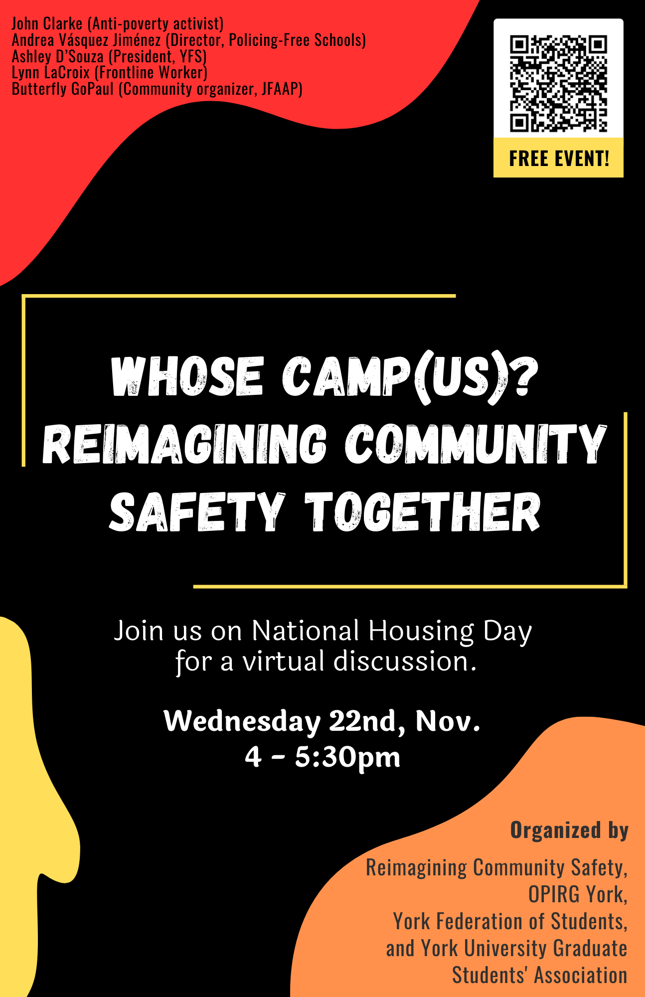 In the top left corner a black and red banner instructs you to “Note: registration closes Feb 9th” To the right there is black text on a yellow background that reads: OPIRG at York, Special General Member’s Meeting/ Feb 15th, 6:30-7:30pm. Below the text a crowd of engaged students and community members rally together around a diversity of messages (Consent is Sexy and Mandatory! / No Justice, No Peace! / People before profit / Expect Resistance / ACAB / Books Not Bombs).