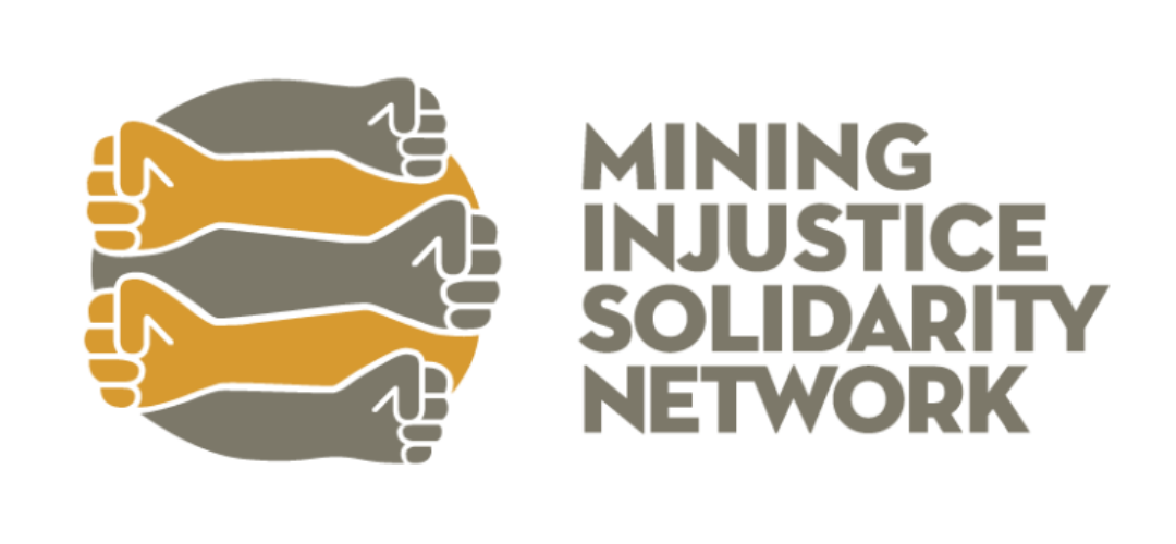 Mining Injustice Solidarity Network logo; there are 5 arms with fists raised in silver and gold.